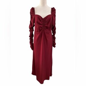 Topshop Burgundy Wine Red Long Rushed Sleeve Heart neckline Dress